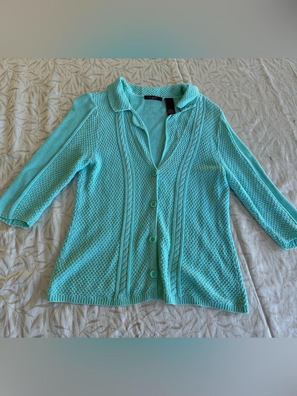 Lightweight Aqua Cable-Trim Button Cardigan